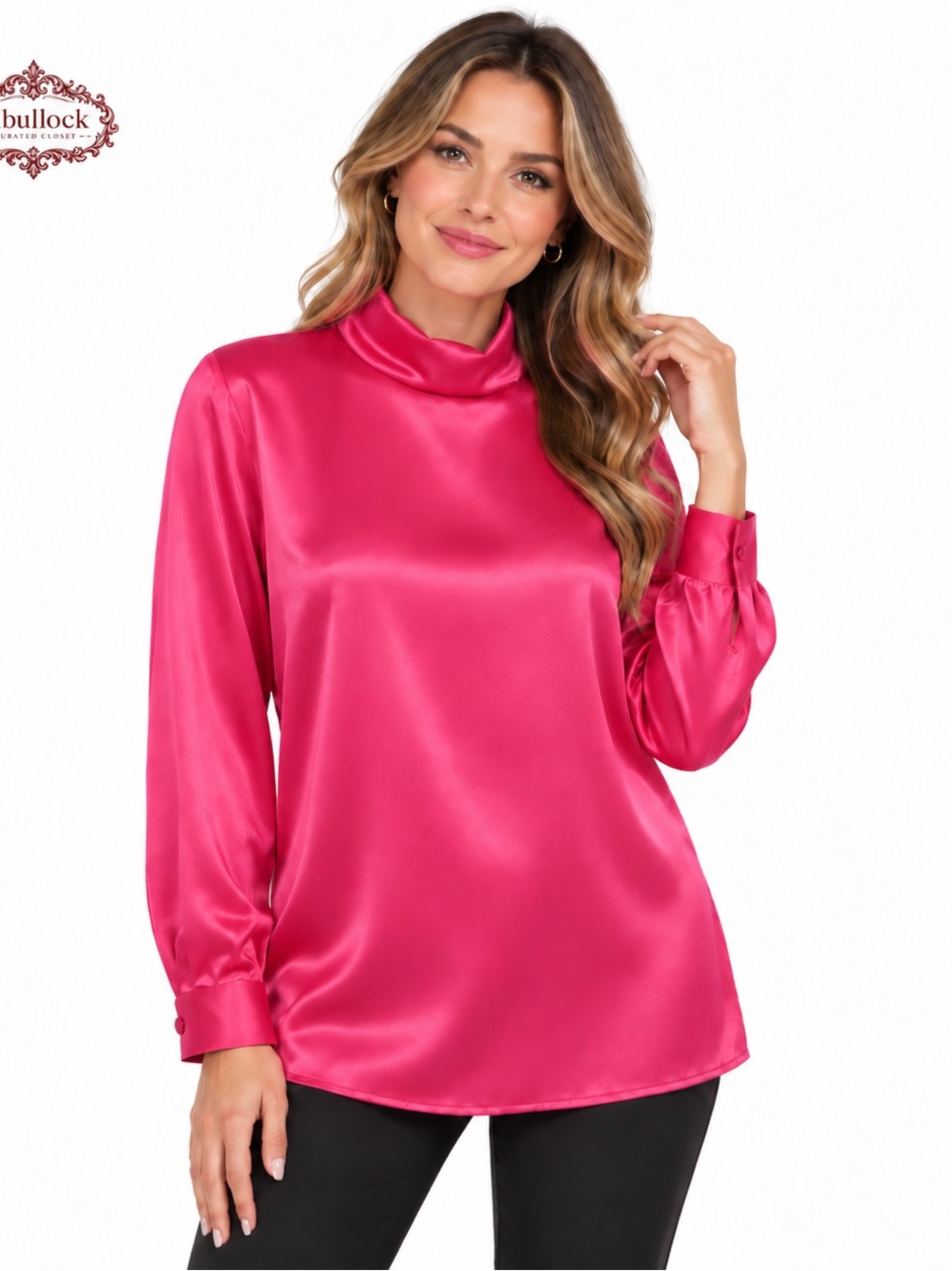 F16 Bedford Fair Size Large Fuchsia Satin Blouse Mock Neck Made in USA NWOT